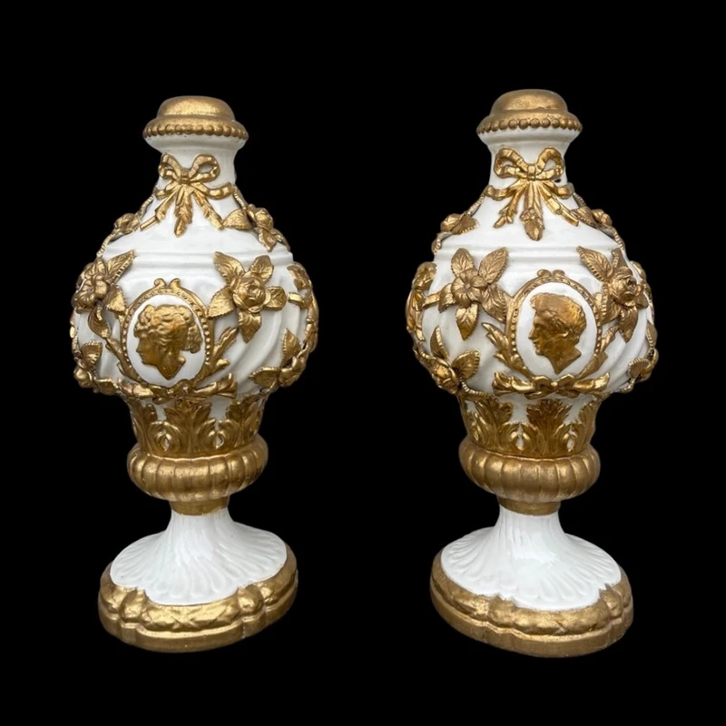 Pair of large majolica lamps with cold gilded relief parts