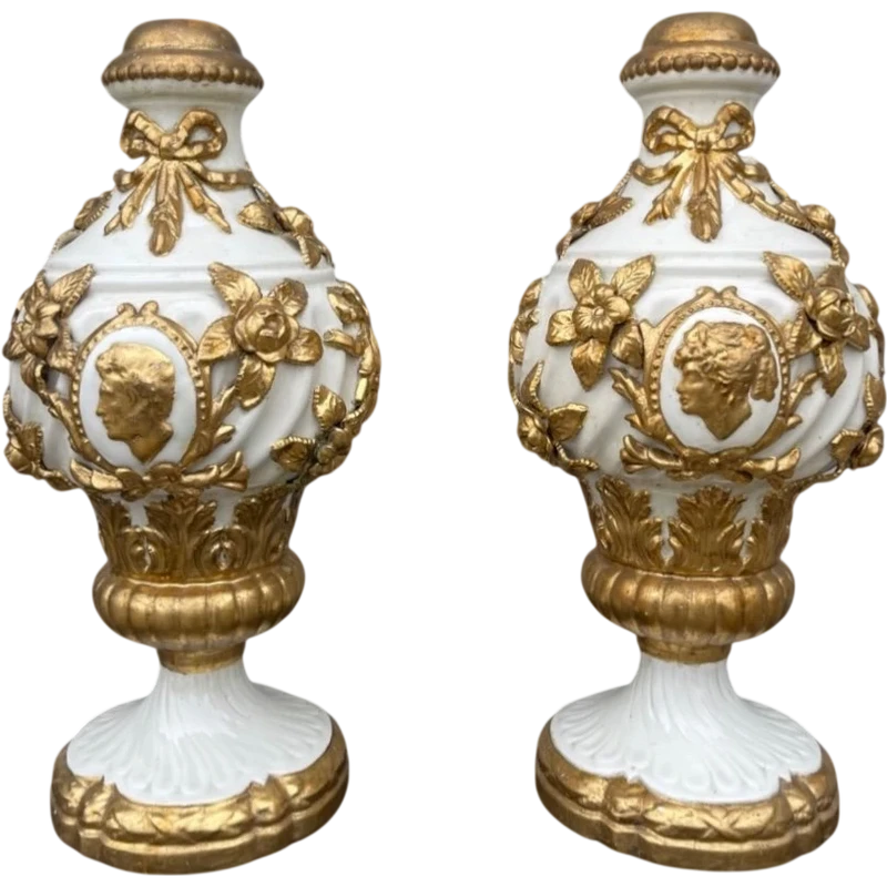 Pair of large majolica lamps with cold gilded relief parts