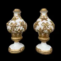 Pair of large majolica lamps with cold gilded relief parts