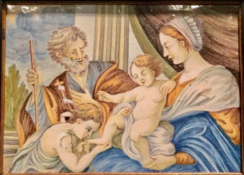 Majolica tile depicting the Holy Family.Giovanni Grue?(1698-1752).Castelli d'Abruzzo.