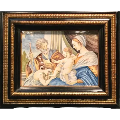 Majolica tile depicting the Holy Family.Giovanni Grue?(1698-1752).Castelli d'Abruzzo.