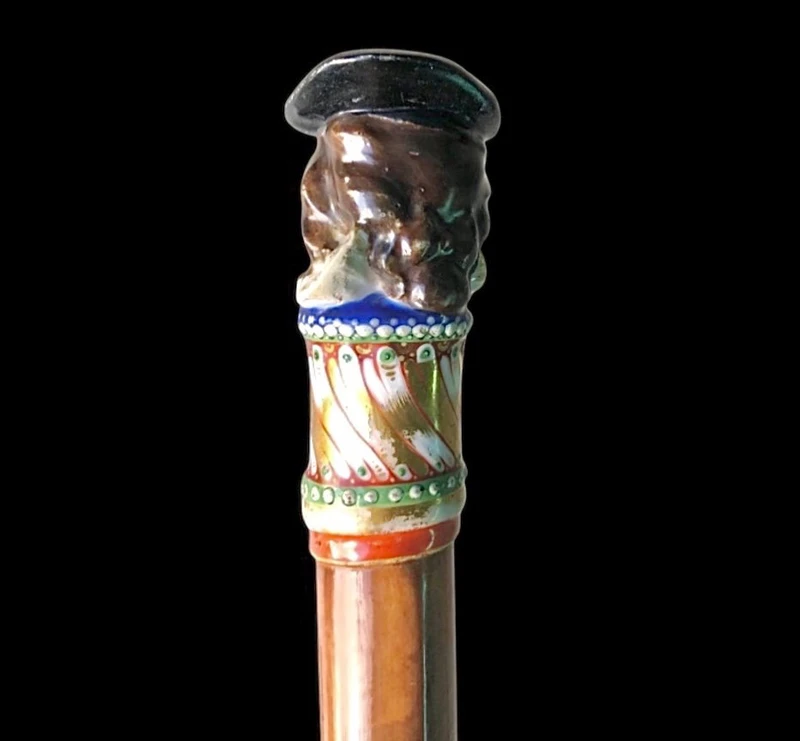 Bâton en porcelaine avec pommeau à figure masculine et canne en malacca.Nymphenburg,Allemagne,