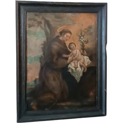 Dipinto olio su rame raffigurante Sant'Antonio da Padova con Bambino ,Inizi XVIII secolo