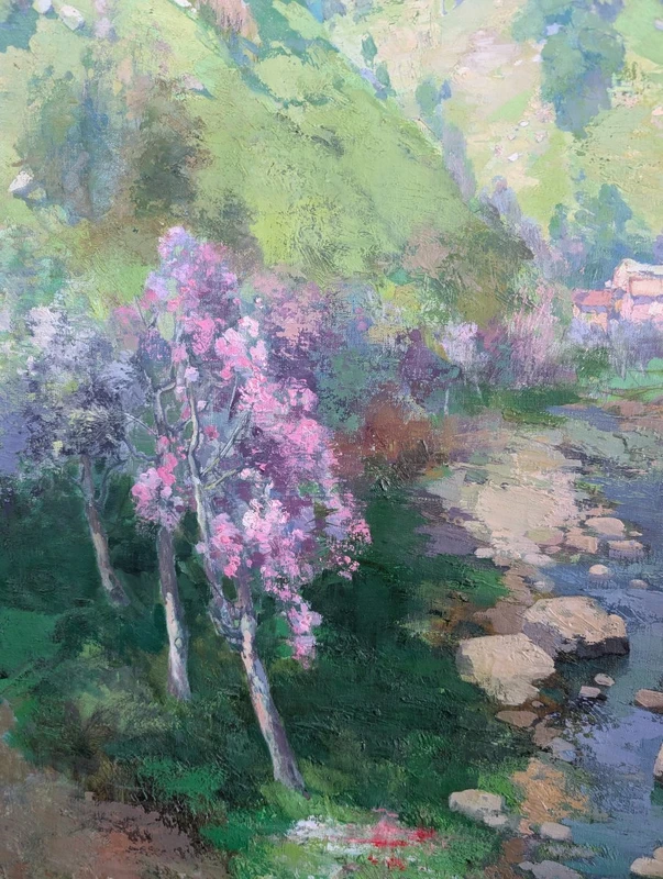 Giuseppe Pesa - Grand paysage de montagne avec ruisseau, Huile sur toile, 20e siècle