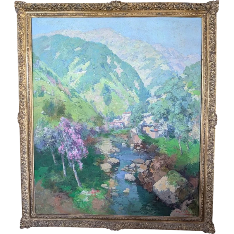 Giuseppe Pesa - Grand paysage de montagne avec ruisseau, Huile sur toile, 20e siècle