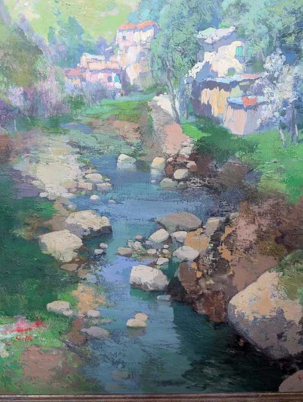 Giuseppe Pesa - Grand paysage de montagne avec ruisseau, Huile sur toile, 20e siècle