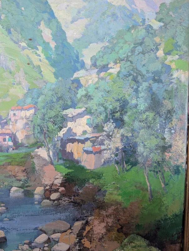Giuseppe Pesa - Grand paysage de montagne avec ruisseau, Huile sur toile, 20e siècle