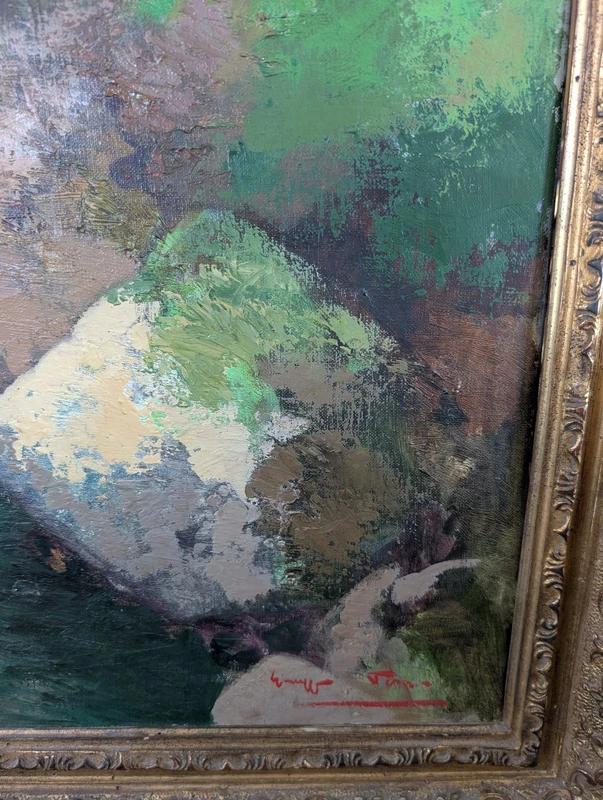 Giuseppe Pesa - Grand paysage de montagne avec ruisseau, Huile sur toile, 20e siècle