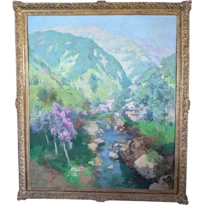 Giuseppe Pesa - Large Mountain Landscape with Stream, Oil on Canvas, 20th Century