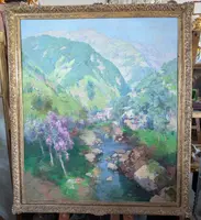 Giuseppe Pesa - Grand paysage de montagne avec ruisseau, Huile sur toile, 20e siècle