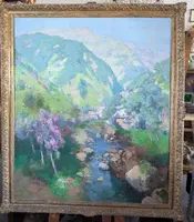 Giuseppe Pesa - Grand paysage de montagne avec ruisseau, Huile sur toile, 20e siècle
