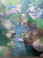 Giuseppe Pesa - Grand paysage de montagne avec ruisseau, Huile sur toile, 20e siècle