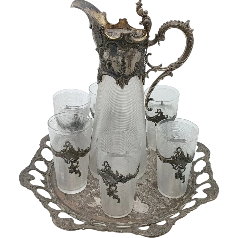 Tray with carafe and 6 glasses glass and silvered metal END of 19th century