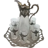 Tray with carafe and 6 glasses glass and silvered metal END of 19th century