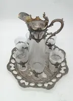 Tray with carafe and 6 glasses glass and silvered metal END of 19th century