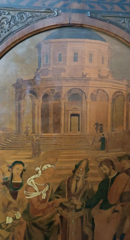 Pannello intarsiato ,cornice intarsiata ,primi 900 Italia ,sposalizio della vergine da Raffaell