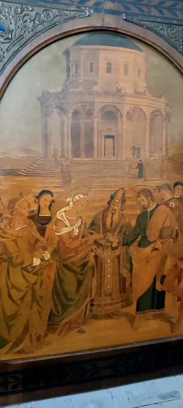 Pannello intarsiato ,cornice intarsiata ,primi 900 Italia ,sposalizio della vergine da Raffaell