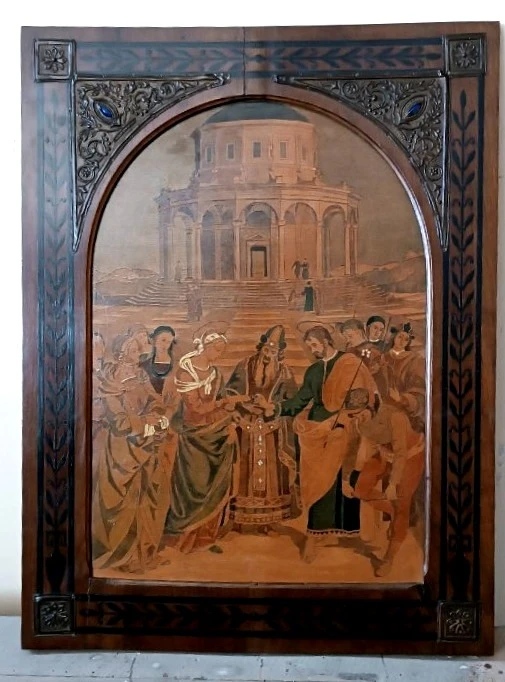 Pannello intarsiato ,cornice intarsiata ,primi 900 Italia ,sposalizio della vergine da Raffaell