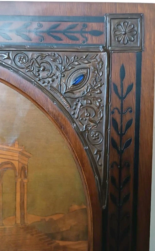 Pannello intarsiato ,cornice intarsiata ,primi 900 Italia ,sposalizio della vergine da Raffaell