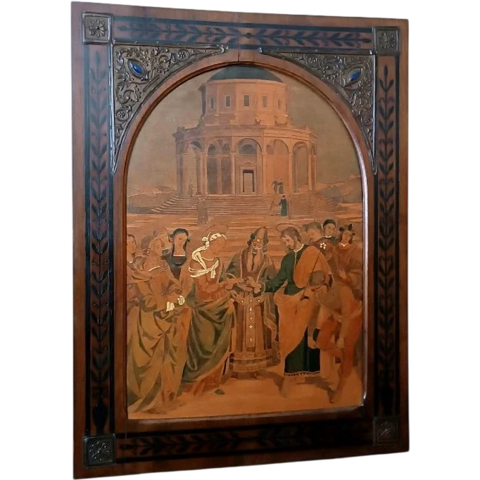 Pannello intarsiato ,cornice intarsiata ,primi 900 Italia ,sposalizio della vergine da Raffaell