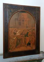 Pannello intarsiato ,cornice intarsiata ,primi 900 Italia ,sposalizio della vergine da Raffaell