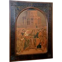 Pannello intarsiato ,cornice intarsiata ,primi 900 Italia ,sposalizio della vergine da Raffaell