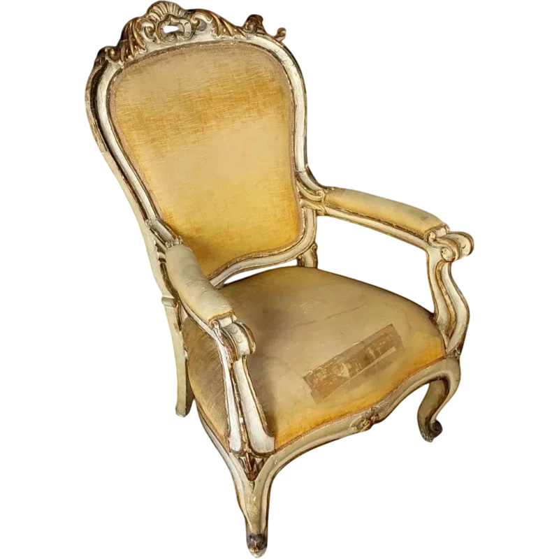 GRAND FAUTEUIL EN BOIS SCULPTÉ, LAQUÉ ANCIEN ET DORÉ XIXE SIÈCLE