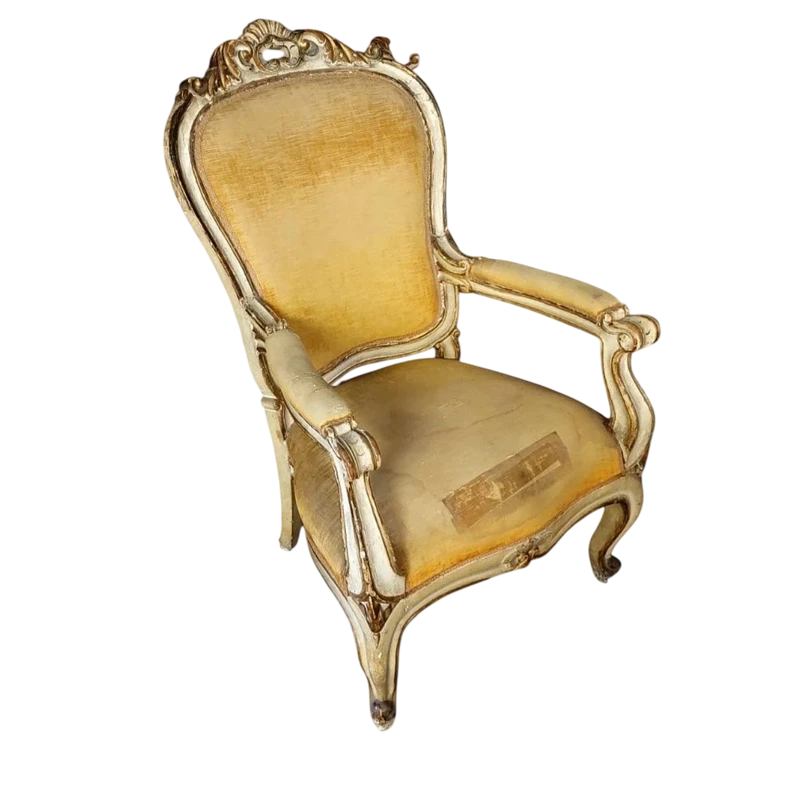 LARGE CARVED WOODEN ARMCHAIR, ANTIQUE LACQUERED AND GILDED XIX CENTURY
