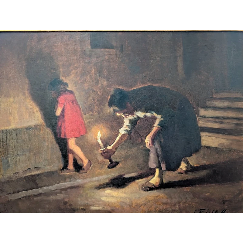 Cafiero Filippelli - Intérieur nocturne avec personnages, huile sur panneau, années 1930