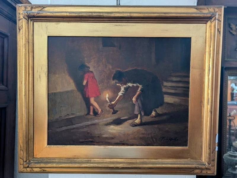 Cafiero Filippelli - Intérieur nocturne avec personnages, huile sur panneau, années 1930