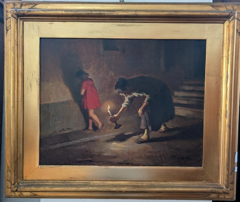 Cafiero Filippelli - Intérieur nocturne avec personnages, huile sur panneau, années 1930
