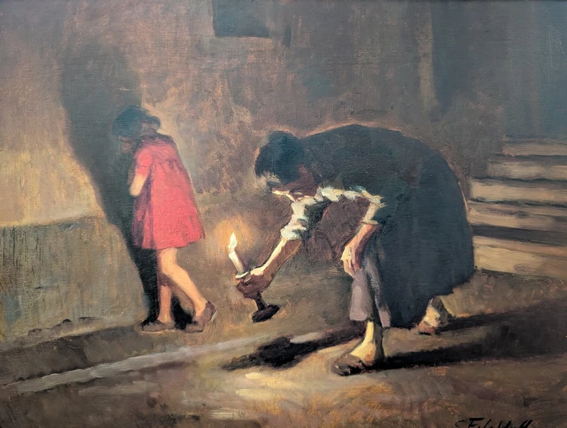 Cafiero Filippelli - Intérieur nocturne avec personnages, huile sur panneau, années 1930