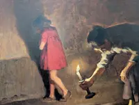 Cafiero Filippelli - Intérieur nocturne avec personnages, huile sur panneau, années 1930