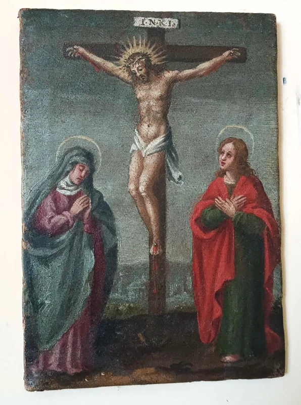 Antico dipinto ,olio su tela crocifissione, XVIII secolo