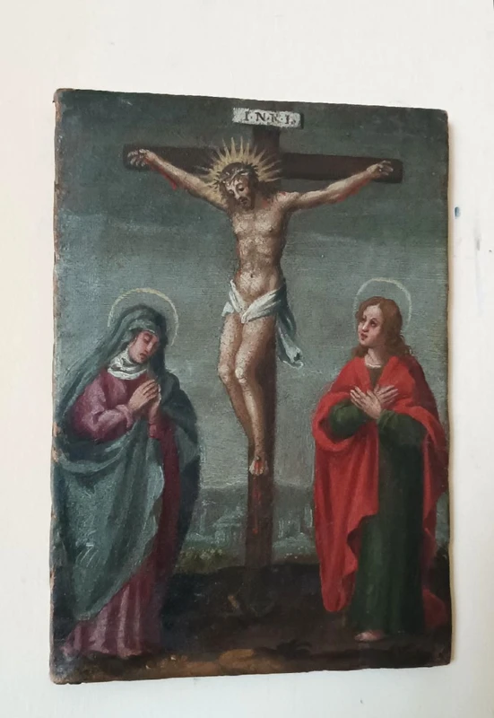 Antico dipinto ,olio su tela crocifissione, XVIII secolo