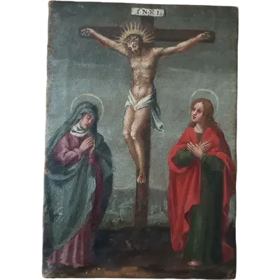Peinture ancienne, huile sur toile crucifixion, 18ème siècle