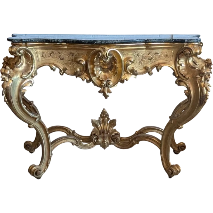 Grande Consolle Toscana Dorata Con Piano In Marmo Verde Alpi – XIX Secolo