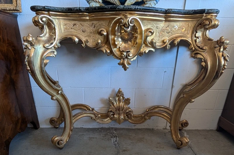 Grande Consolle Toscana Dorata Con Piano In Marmo Verde Alpi – XIX Secolo