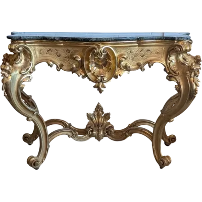 Grande Consolle Toscana Dorata Con Piano In Marmo Verde Alpi – XIX Secolo