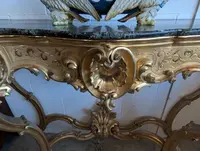 Grande Consolle Toscana Dorata Con Piano In Marmo Verde Alpi – XIX Secolo