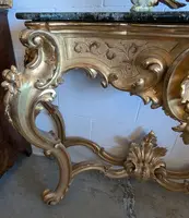 Grande Consolle Toscana Dorata Con Piano In Marmo Verde Alpi – XIX Secolo