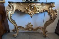 Grande Consolle Toscana Dorata Con Piano In Marmo Verde Alpi – XIX Secolo