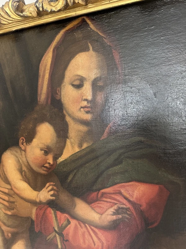 Huile sur toile : « La Vierge à l'Enfant et le petit saint Jean ». Copie d'Andrea del Sarto. XVIe siècle