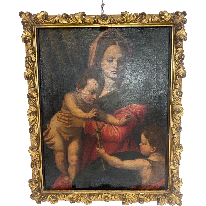 Huile sur toile : « La Vierge à l'Enfant et le petit saint Jean ». Copie d'Andrea del Sarto. XVIe siècle