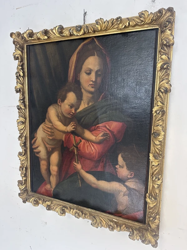 Huile sur toile : « La Vierge à l'Enfant et le petit saint Jean ». Copie d'Andrea del Sarto. XVIe siècle