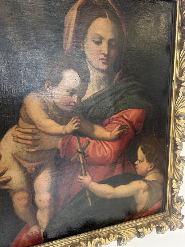 Huile sur toile : « La Vierge à l'Enfant et le petit saint Jean ». Copie d'Andrea del Sarto. XVIe siècle