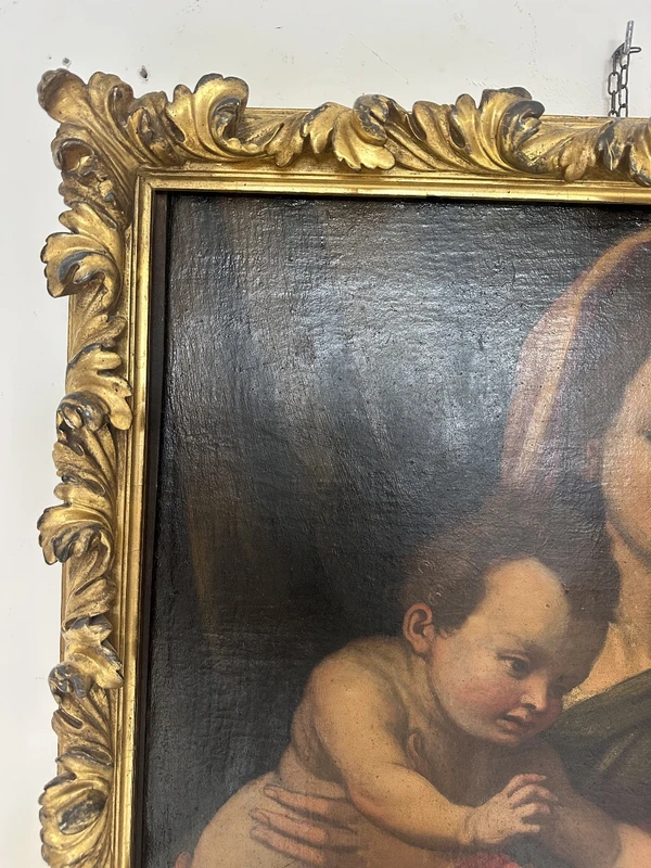 Huile sur toile : « La Vierge à l'Enfant et le petit saint Jean ». Copie d'Andrea del Sarto. XVIe siècle