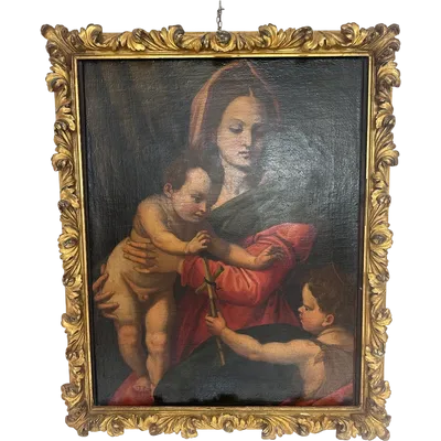 Oil on canvas: *Madonna and Child with the Young Saint John*. A copy by Andrea del Sarto. 16th century
