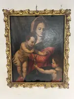 Huile sur toile : « La Vierge à l'Enfant et le petit saint Jean ». Copie d'Andrea del Sarto. XVIe siècle