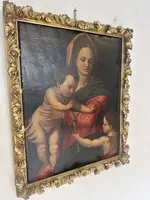 Huile sur toile : « La Vierge à l'Enfant et le petit saint Jean ». Copie d'Andrea del Sarto. XVIe siècle